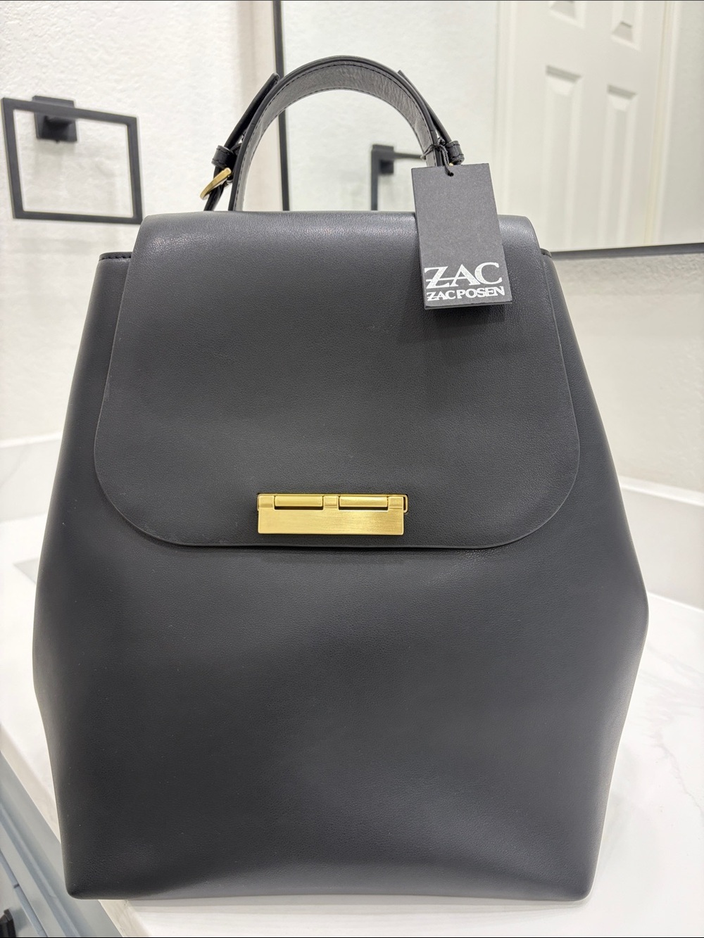 ZAC Zac Posen Black Leather Top-Handle Backpack with Gold Hardware
